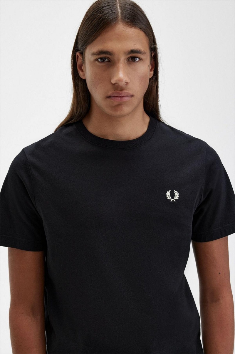 Black Fred Perry Crew Neck Men's T Shirts | QSGUV24944