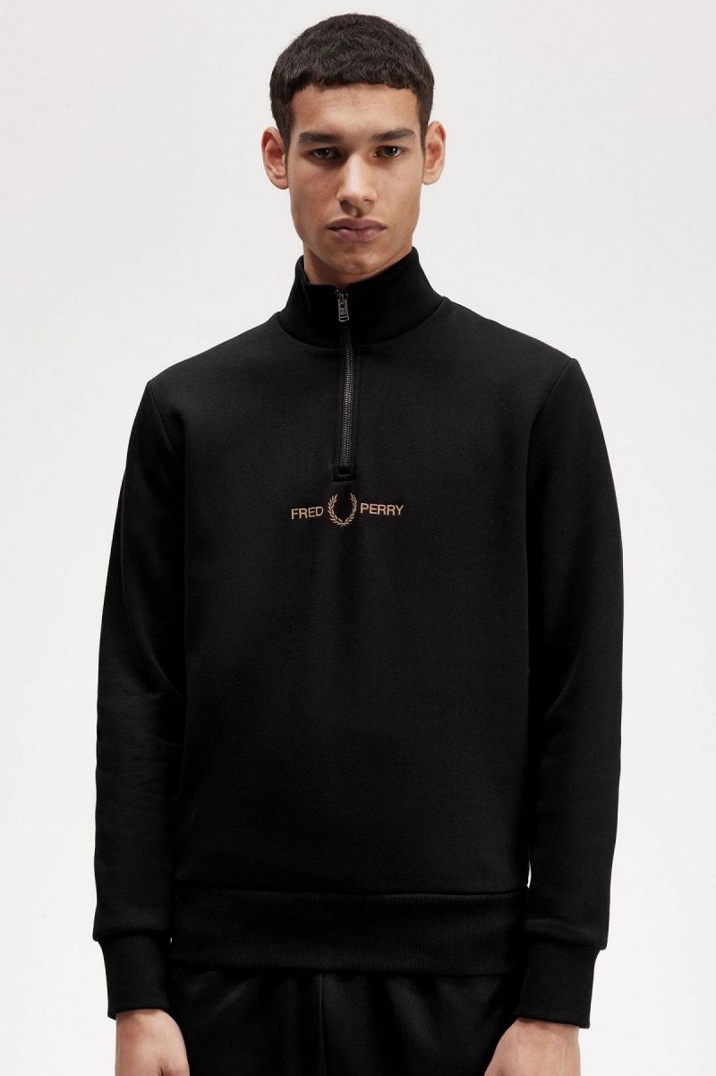 Black Fred Perry Double Graphic Half Zip Men's Sweatshirts | USGND25956