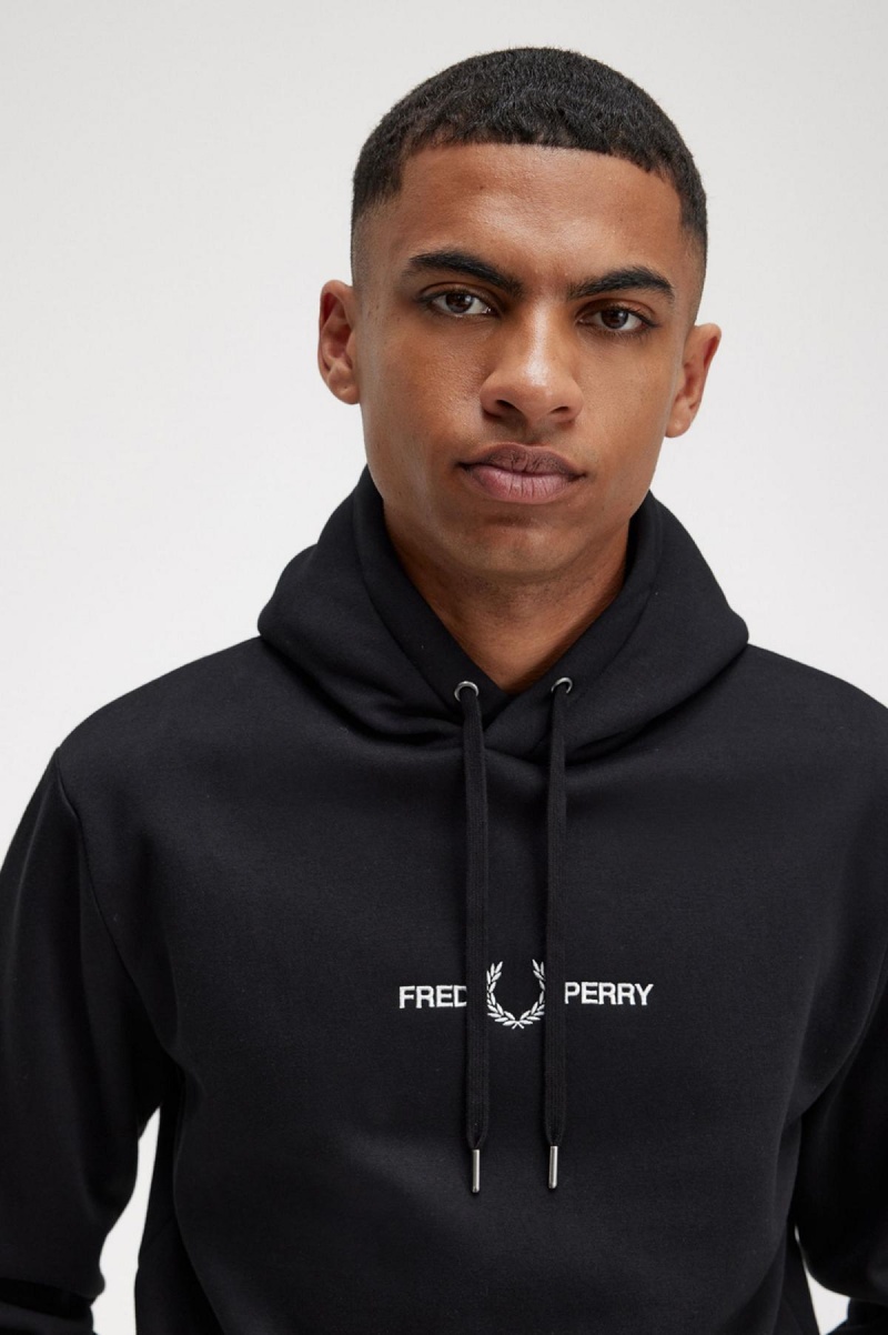 Black Fred Perry Embroidered Hooded Men's Sweatshirts | SGZDE40783