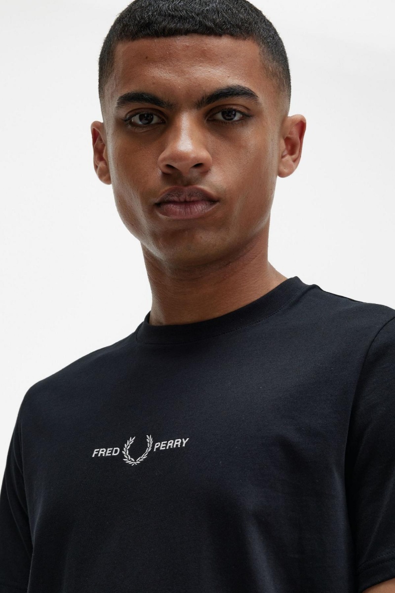 Black Fred Perry Embroidered Men's T Shirts | ZSGMJ81453