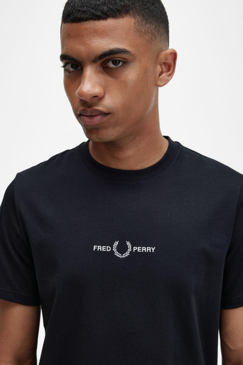 Black Fred Perry Embroidered Men's T Shirts | ZSGMJ81453