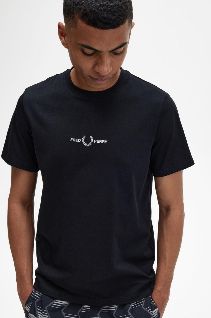 Black Fred Perry Embroidered Men's T Shirts | ZSGMJ81453