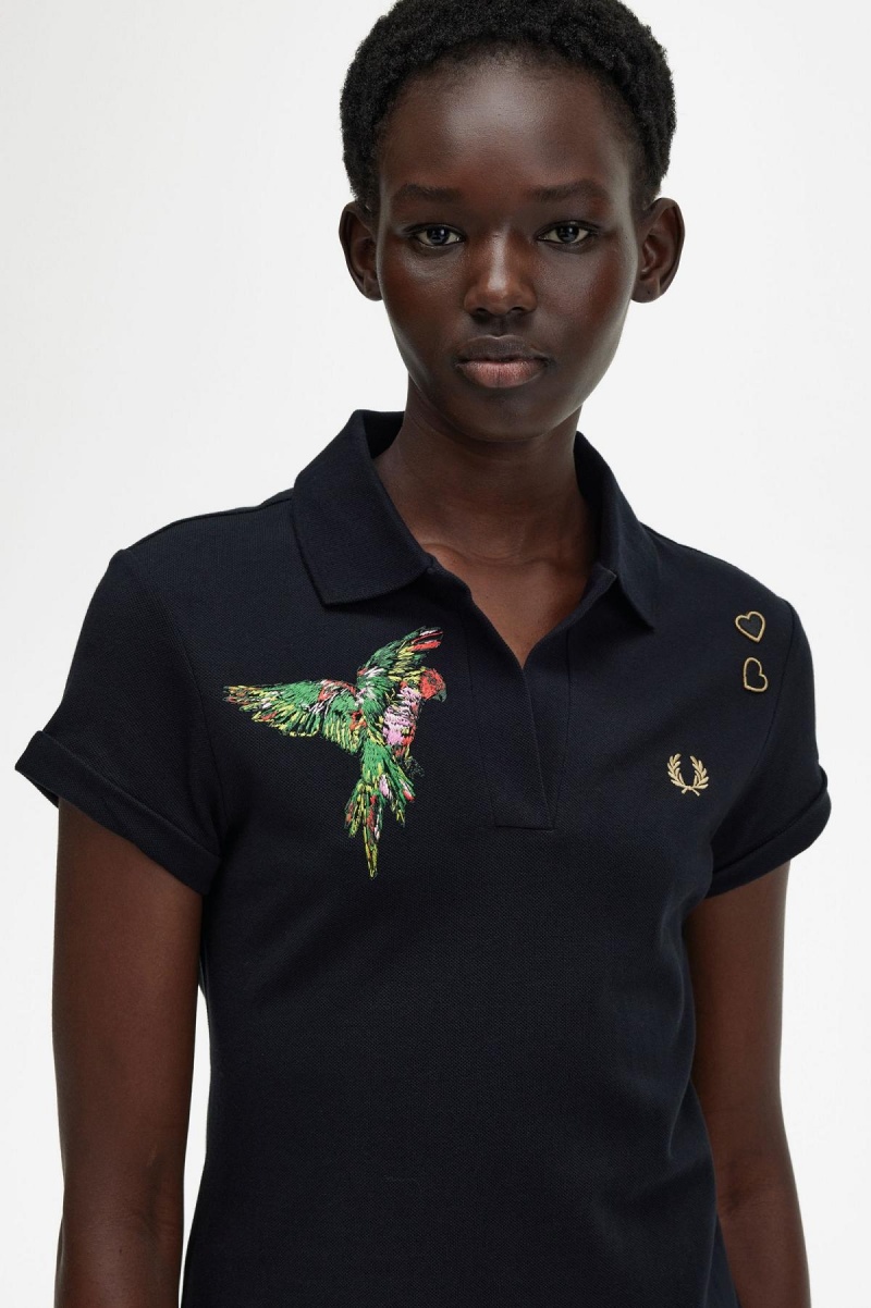 Black Fred Perry Embroidered Piqué Women's Dress | SGJZR20637