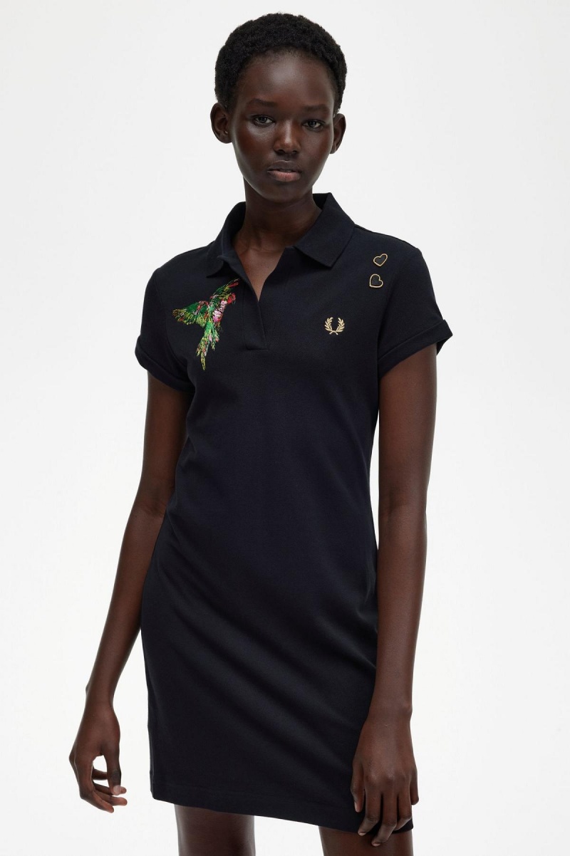 Black Fred Perry Embroidered Piqué Women's Dress | SGJZR20637