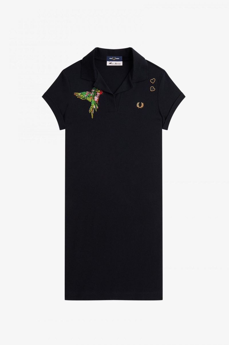 Black Fred Perry Embroidered Piqué Women's Dress | SGJZR20637