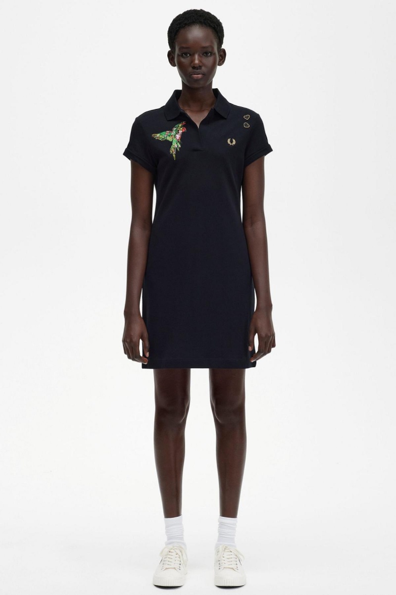 Black Fred Perry Embroidered Piqué Women\'s Dress | SGJZR20637