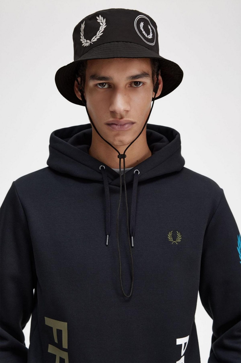 Black Fred Perry Graphic Branding Bucket Accessories Hat | ESGVG59947