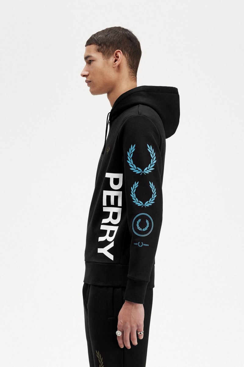 Black Fred Perry Graphic Branding Hooded Men's Sweatshirts | BSGSD86125