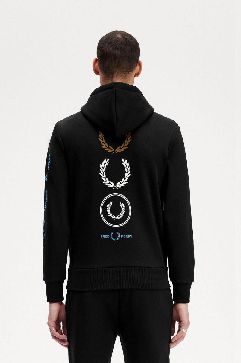 Black Fred Perry Graphic Branding Hooded Men's Sweatshirts | BSGSD86125