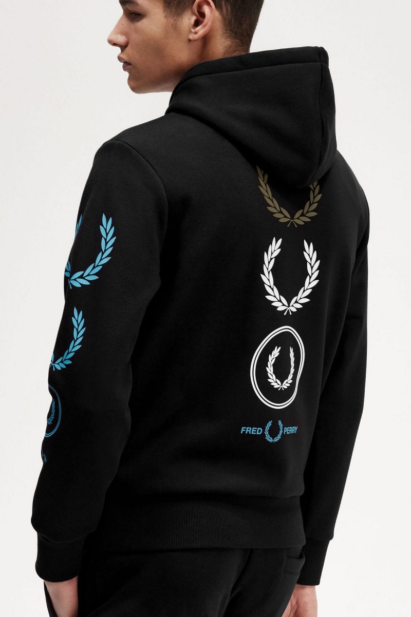 Black Fred Perry Graphic Branding Hooded Men's Sweatshirts | BSGSD86125