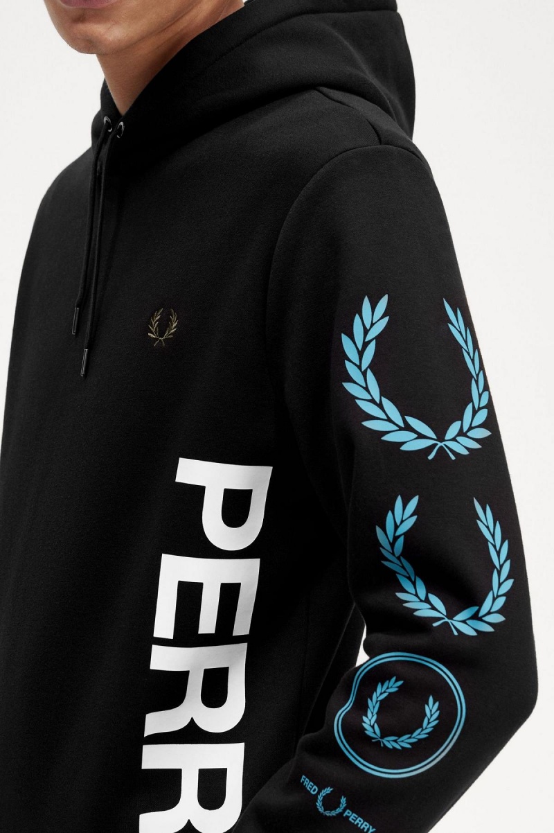 Black Fred Perry Graphic Branding Hooded Men's Sweatshirts | BSGSD86125