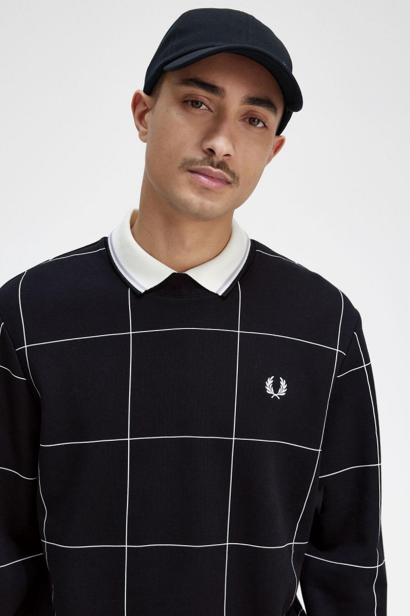 Black Fred Perry Grid Detail Men's Sweatshirts | SGEAH15633