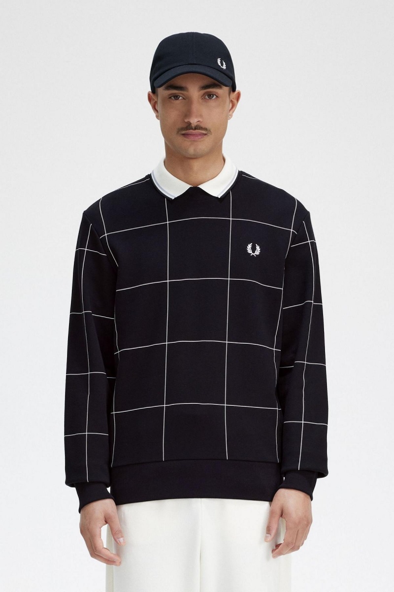 Black Fred Perry Grid Detail Men\'s Sweatshirts | SGEAH15633