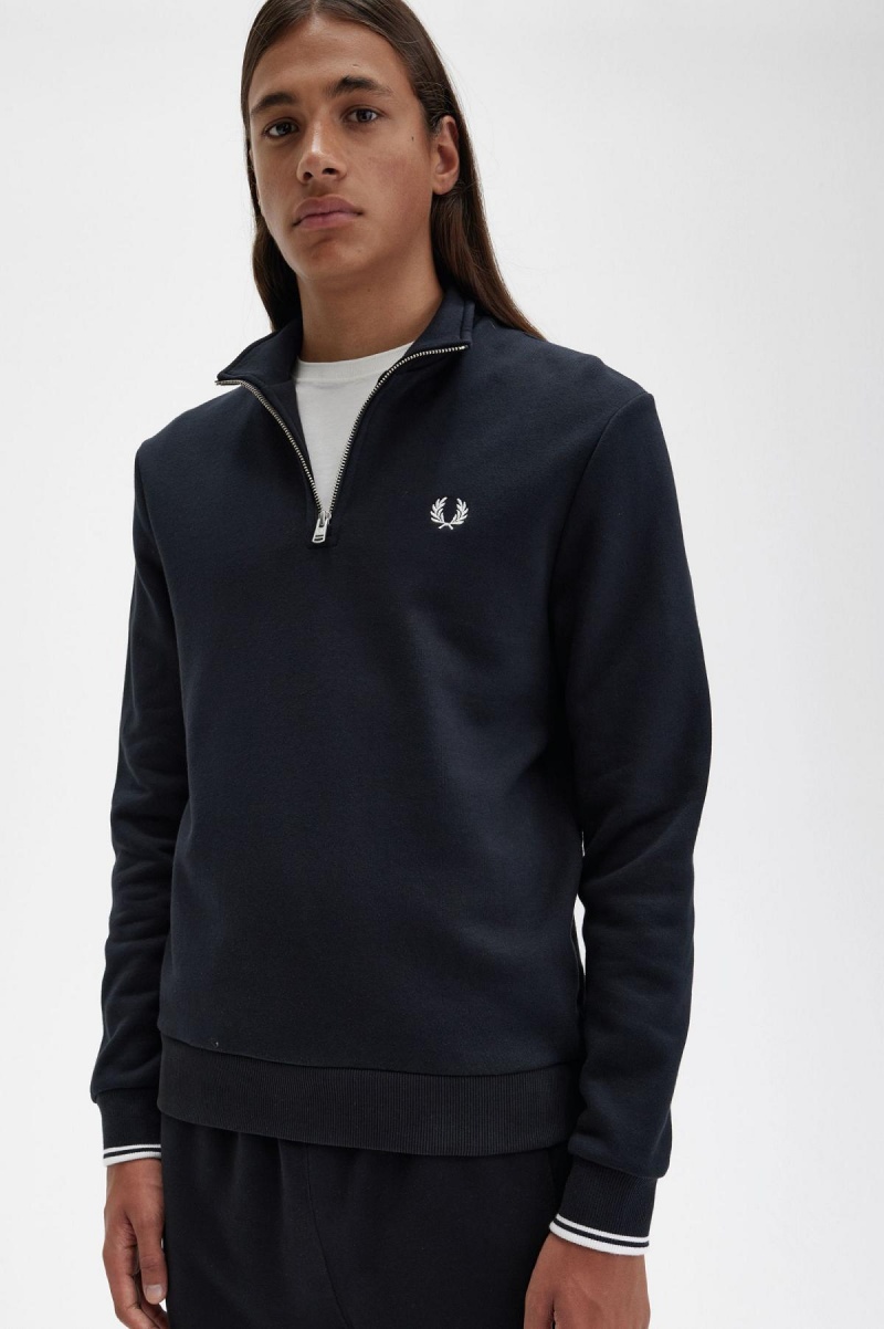 Black Fred Perry Half Zip Men's Sweatshirts | PSGQX83406