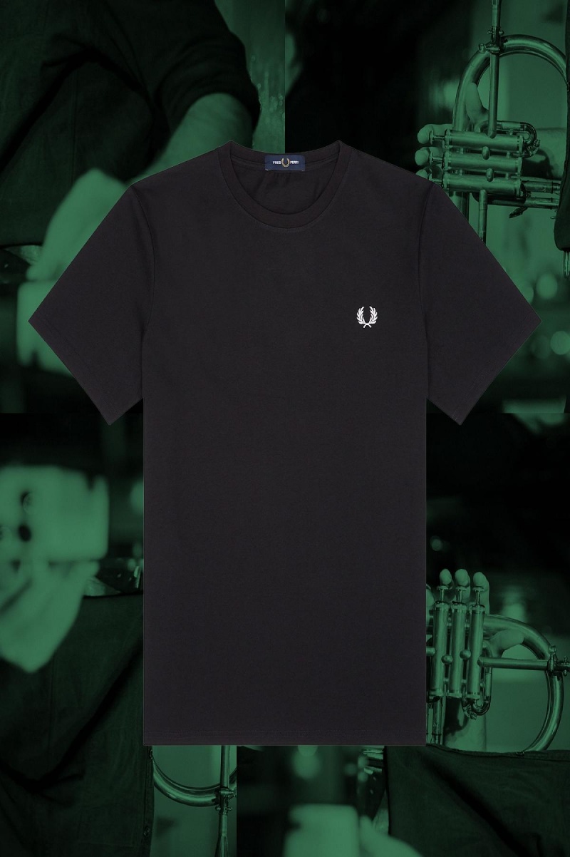 Black Fred Perry Hamburg Ringer Men's T Shirts | USGND36411