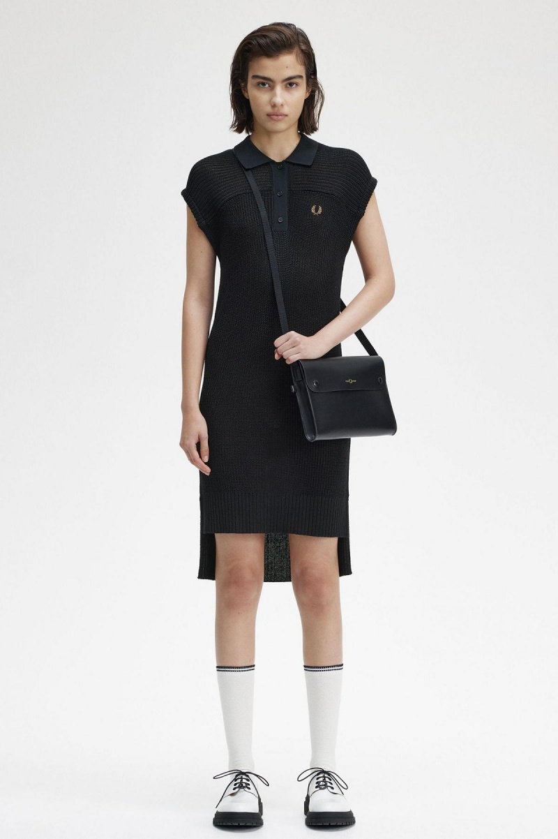 Black Fred Perry Knitted Shirt Women's Dress | YSGVQ89326