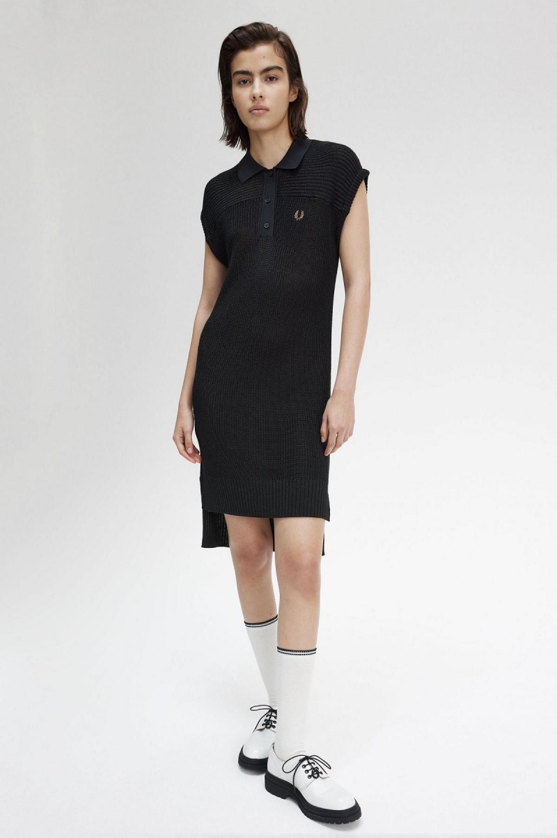 Black Fred Perry Knitted Shirt Women's Dress | YSGVQ89326