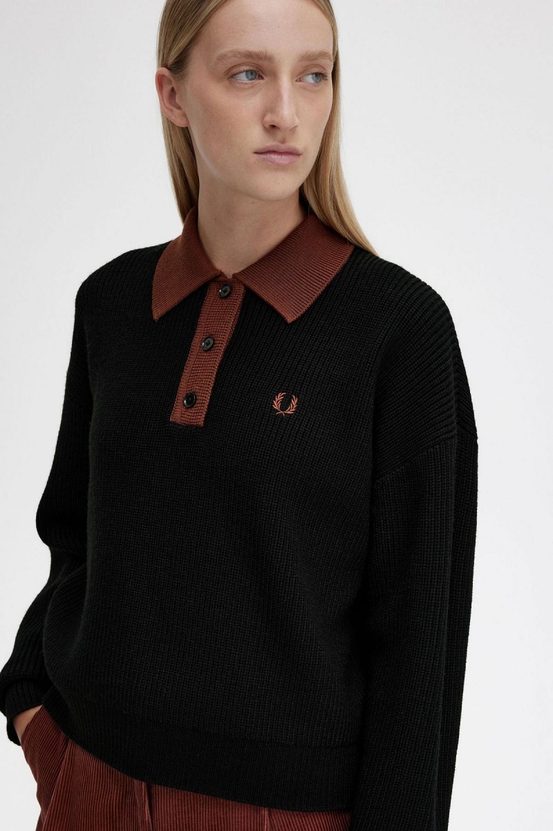 Black Fred Perry Knitted Shirt Women's Knitwear | SGDYB88618