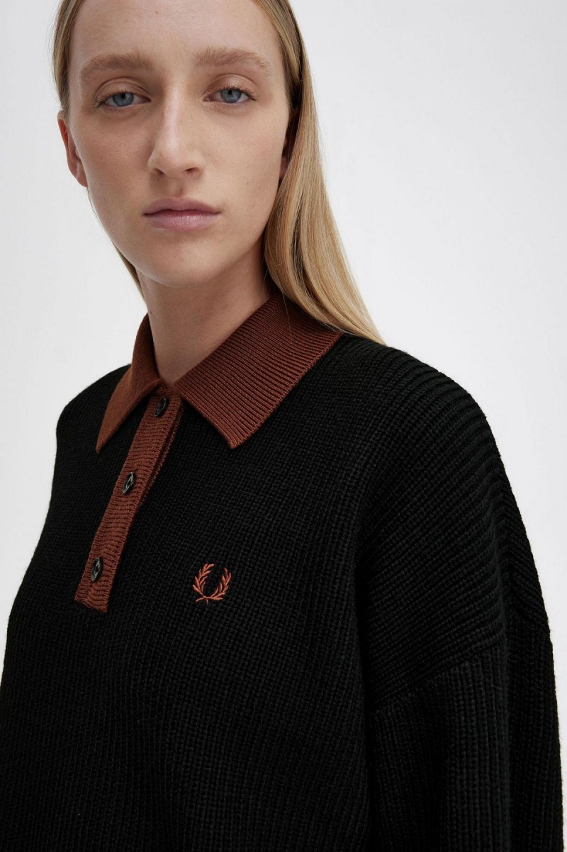 Black Fred Perry Knitted Shirt Women's Knitwear | SGDYB88618