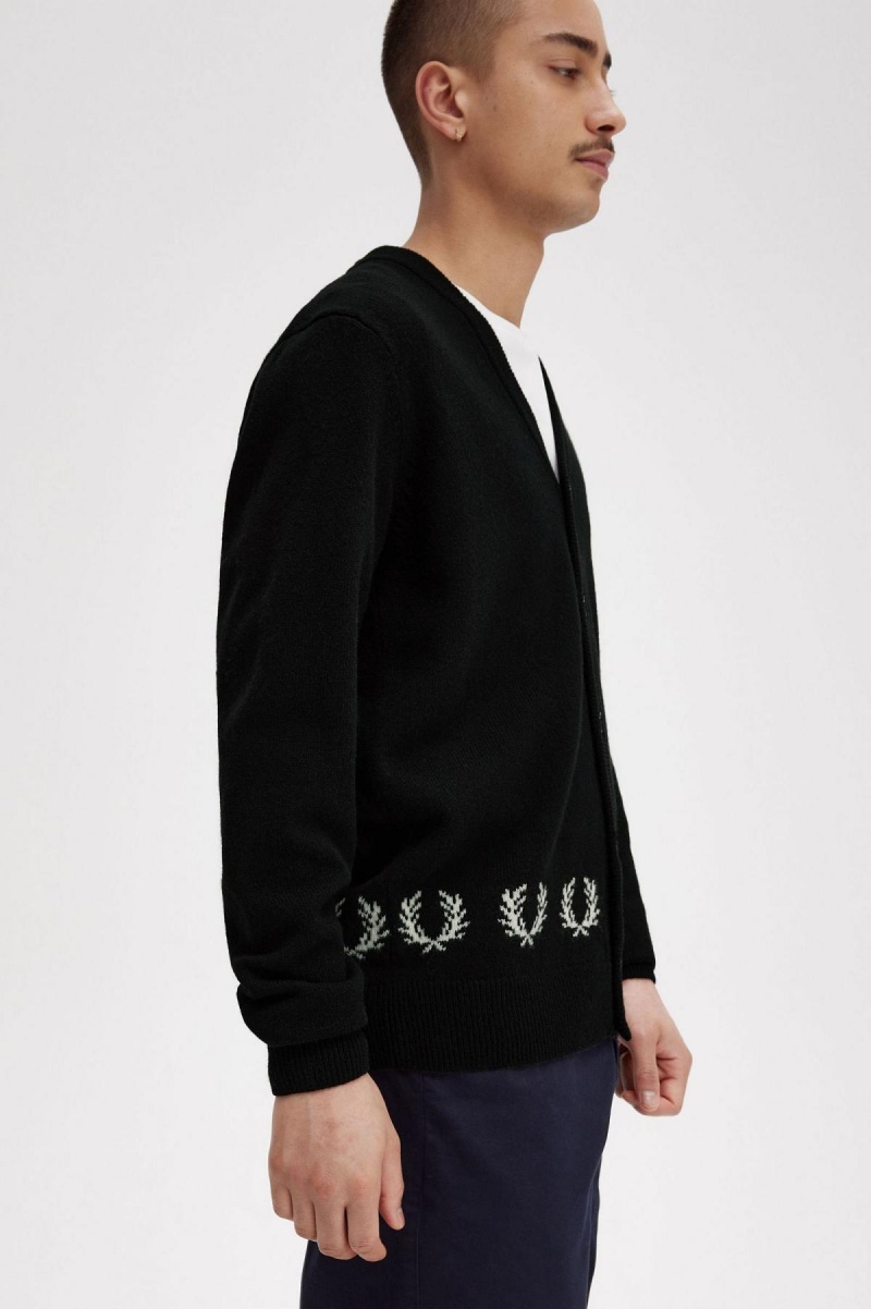 Black Fred Perry Laurel Wreath Trim Cardigan Men's Knitwear | SGICD66855