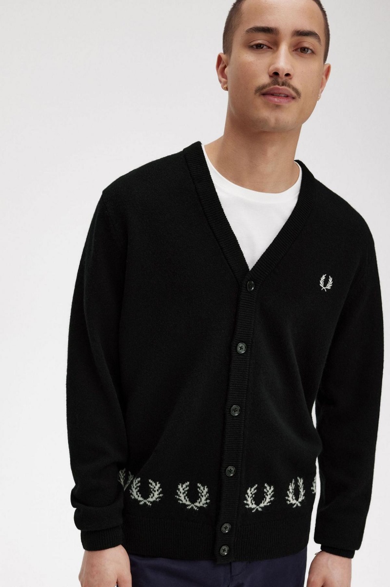 Black Fred Perry Laurel Wreath Trim Cardigan Men's Knitwear | SGICD66855