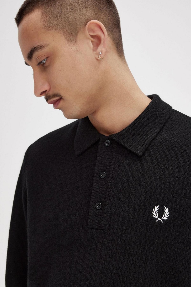 Black Fred Perry Laurel Wreath Trim Knitted Shirt Men's Knitwear | DSGKV44054