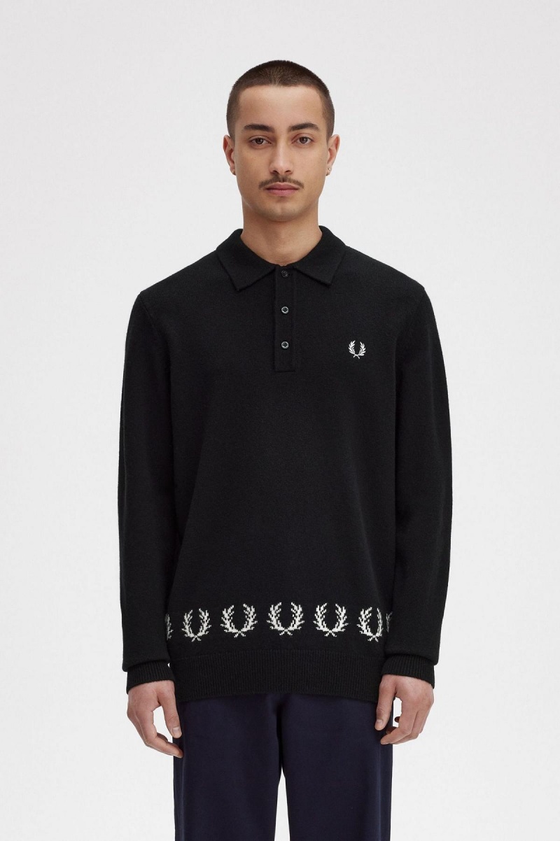 Black Fred Perry Laurel Wreath Trim Knitted Shirt Men\'s Knitwear | DSGKV44054