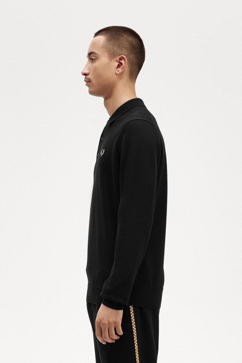 Black Fred Perry Long Sleeve Knitted Shirt Men's Knitwear | FSGUI52754