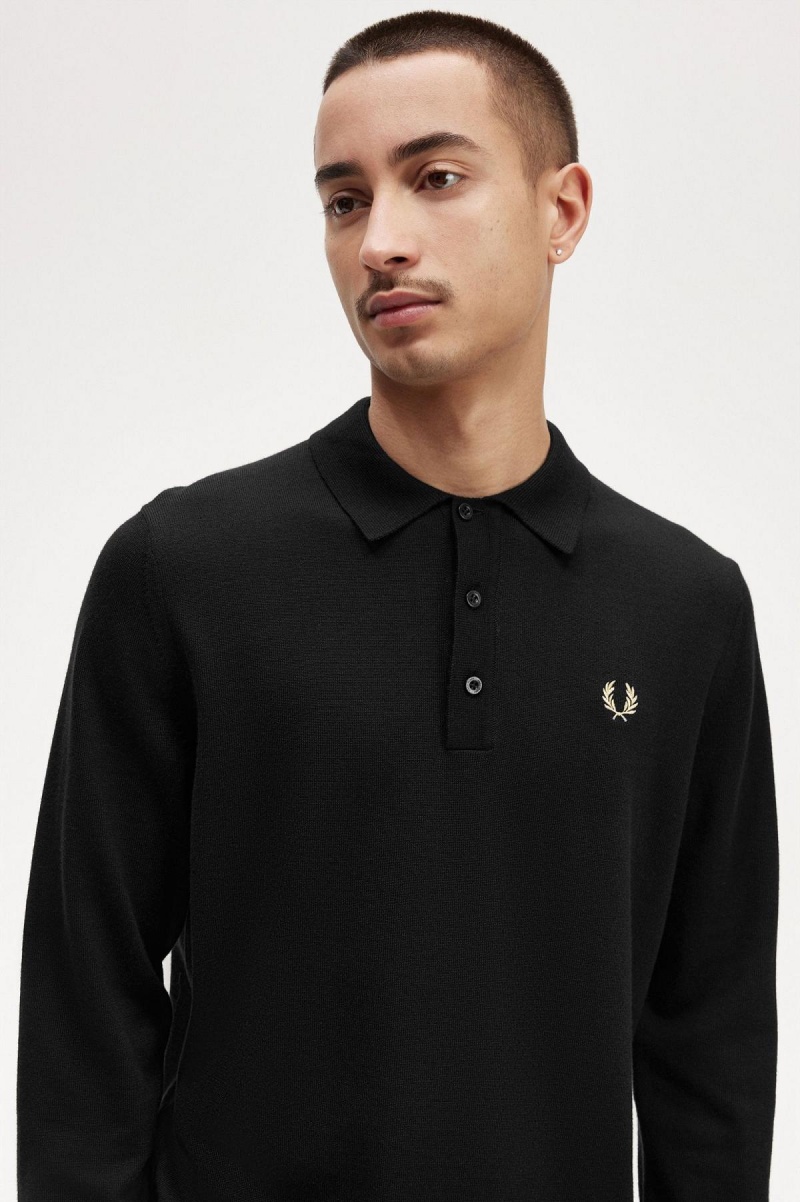 Black Fred Perry Long Sleeve Knitted Shirt Men's Knitwear | FSGUI52754