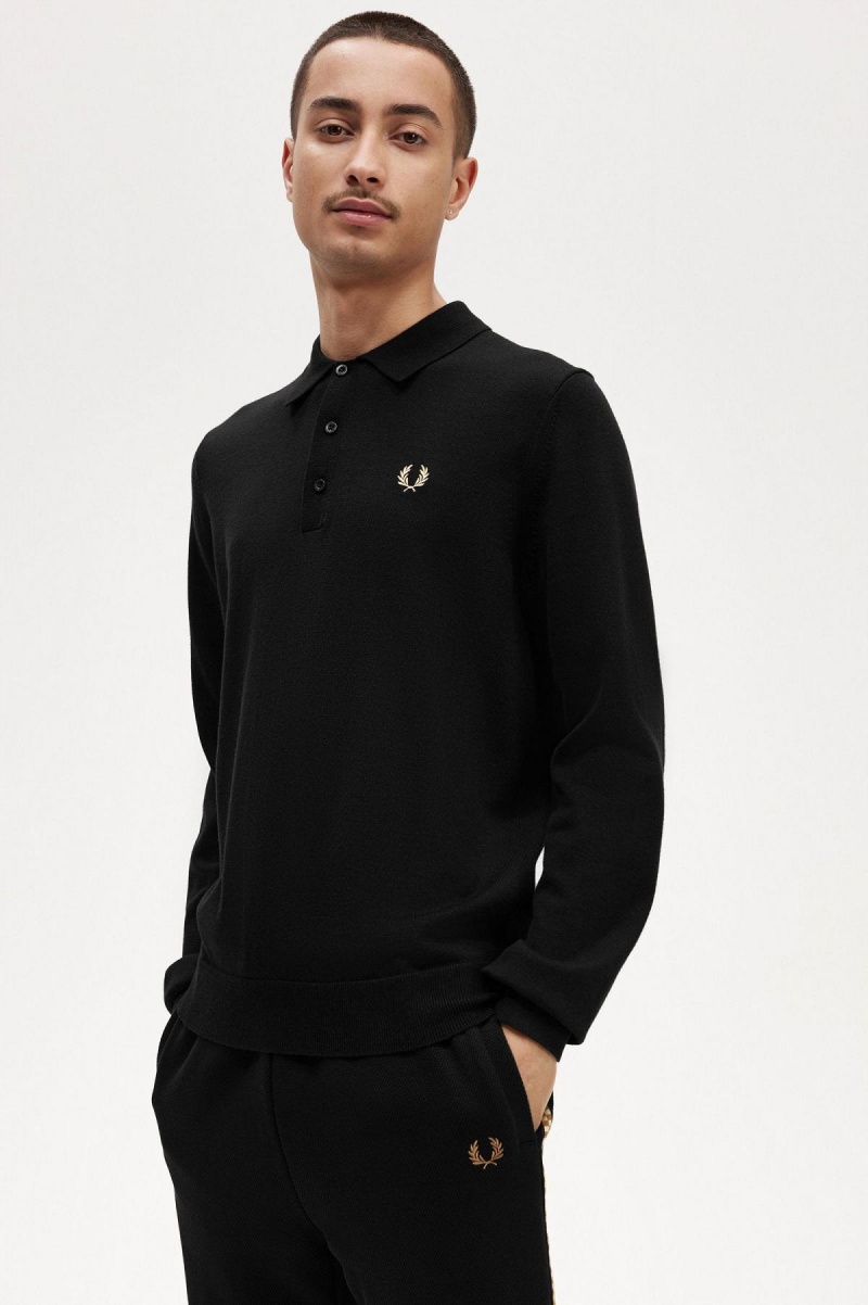 Black Fred Perry Long Sleeve Knitted Shirt Men's Knitwear | FSGUI52754