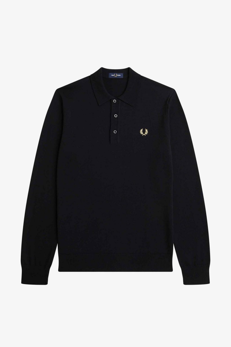 Black Fred Perry Long Sleeve Knitted Shirt Men's Knitwear | FSGUI52754