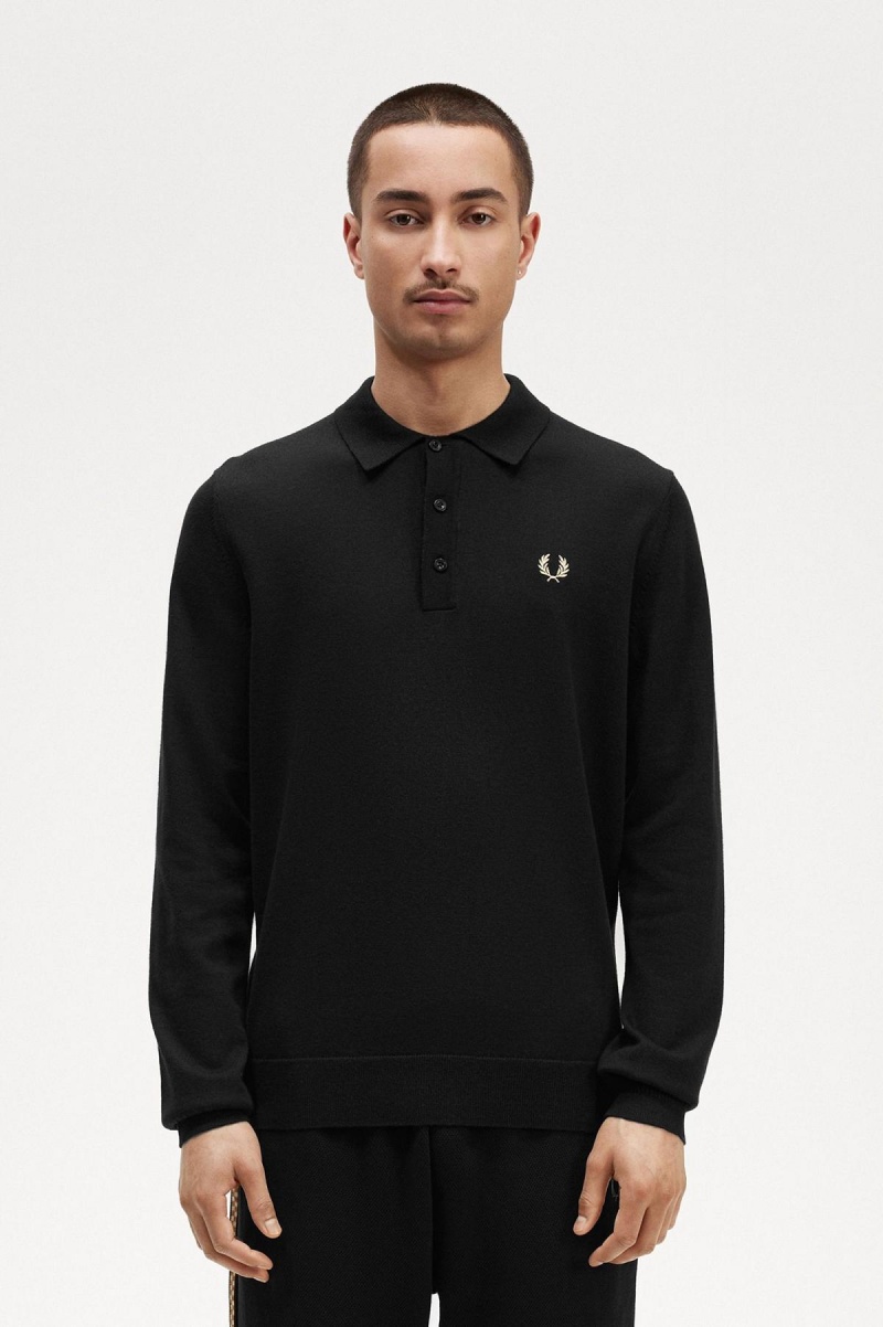 Black Fred Perry Long Sleeve Knitted Shirt Men\'s Knitwear | FSGUI52754