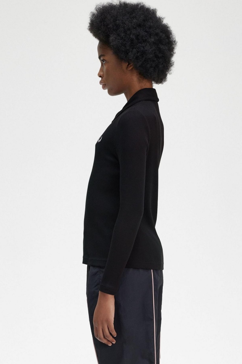 Black Fred Perry Long Sleeve Ribbed Women's Polo Shirts | SGCIF75796