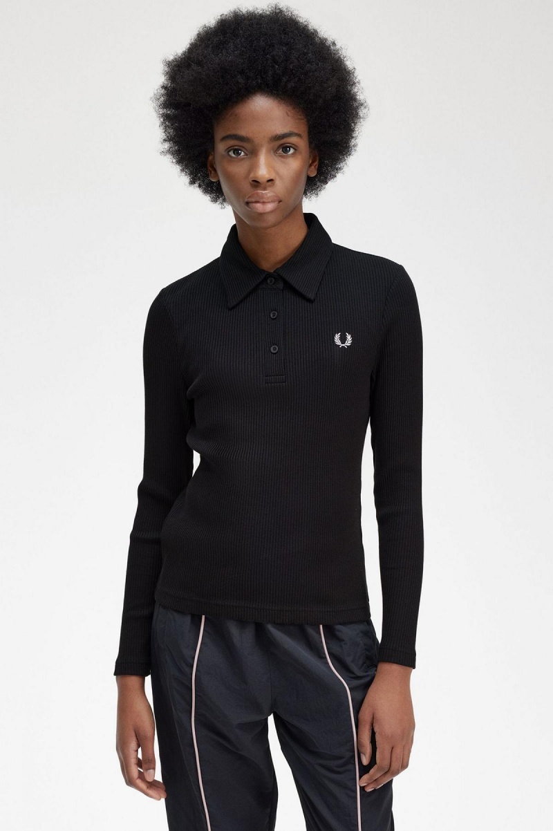 Black Fred Perry Long Sleeve Ribbed Women's Polo Shirts | SGCIF75796