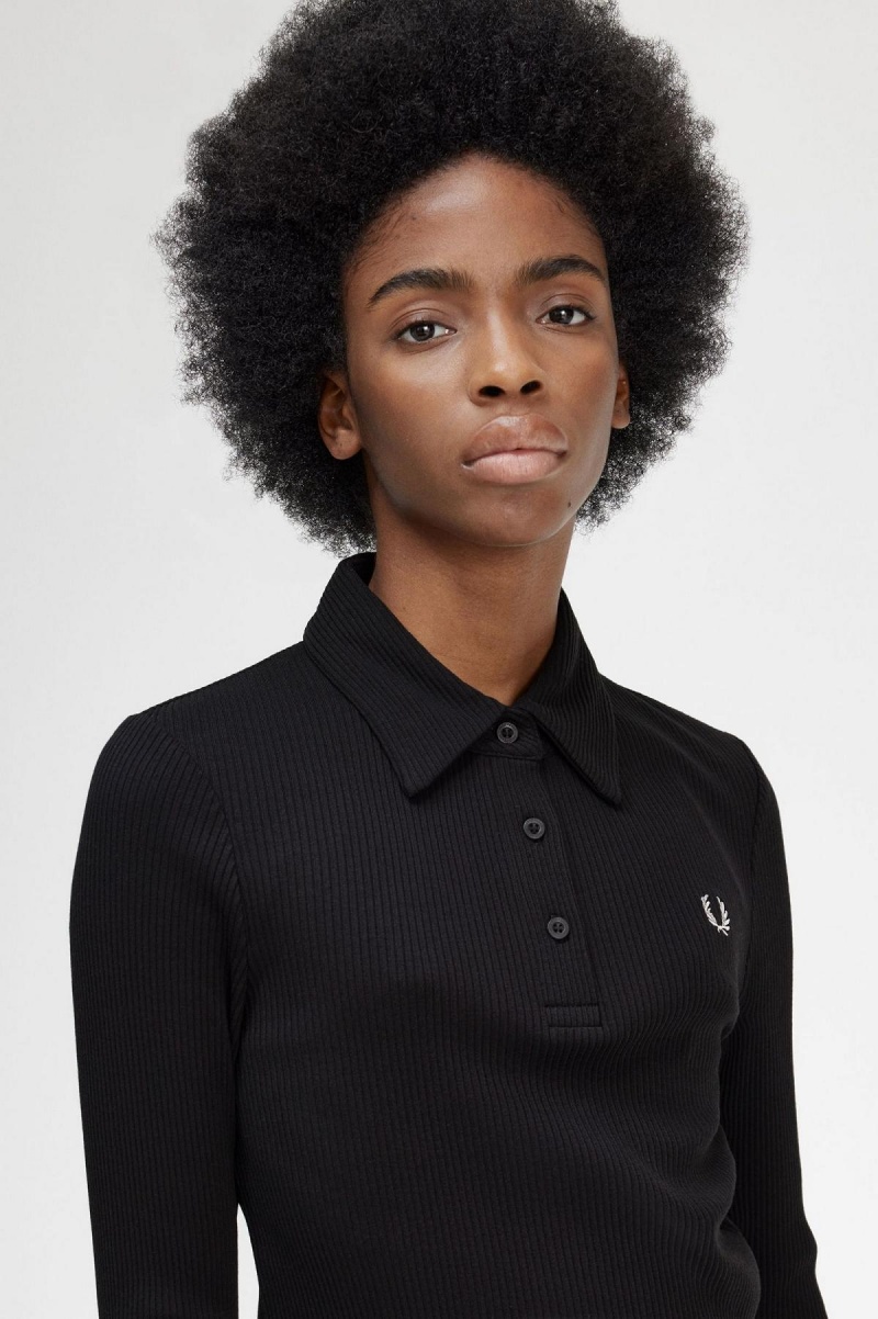 Black Fred Perry Long Sleeve Ribbed Women's Polo Shirts | SGCIF75796