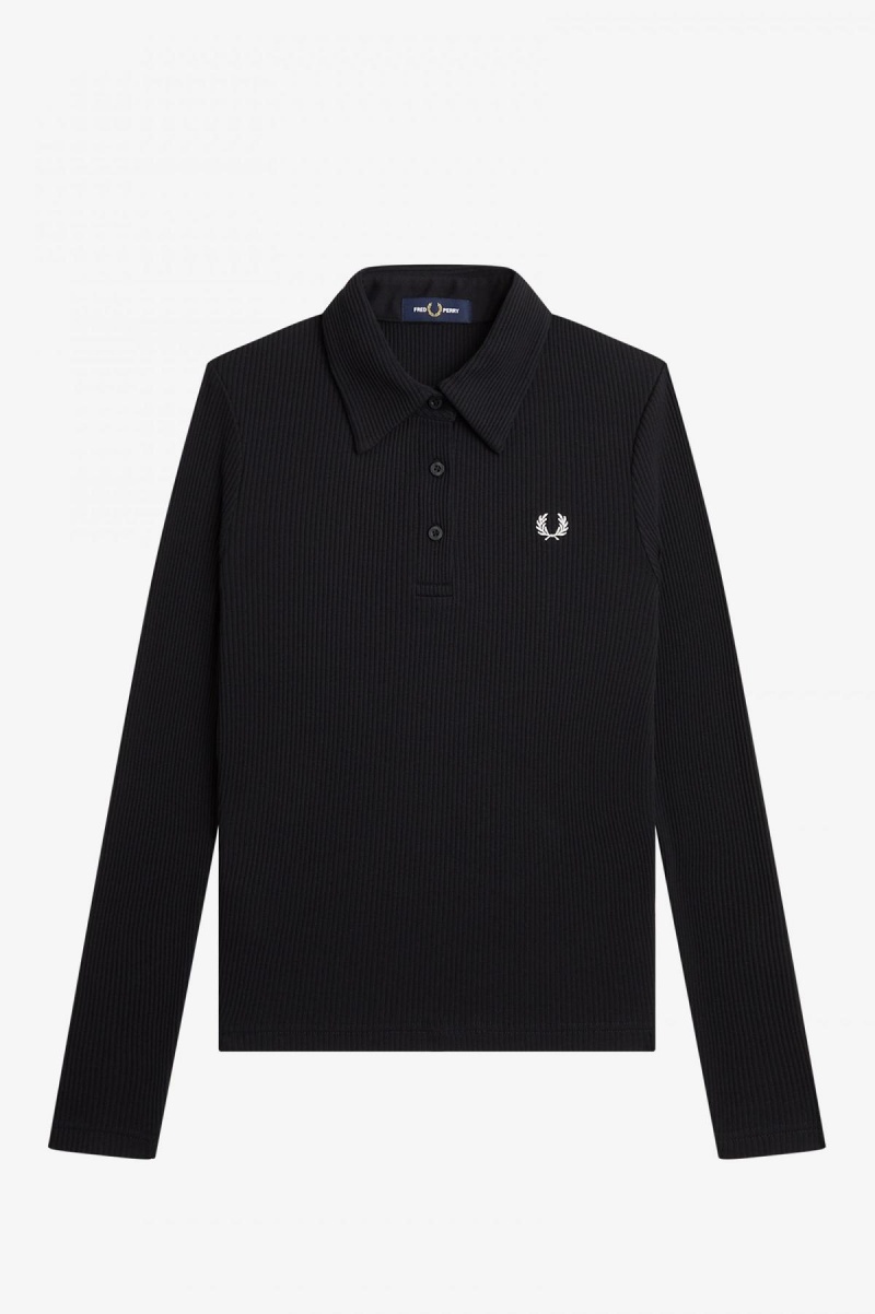 Black Fred Perry Long Sleeve Ribbed Women's Polo Shirts | SGCIF75796