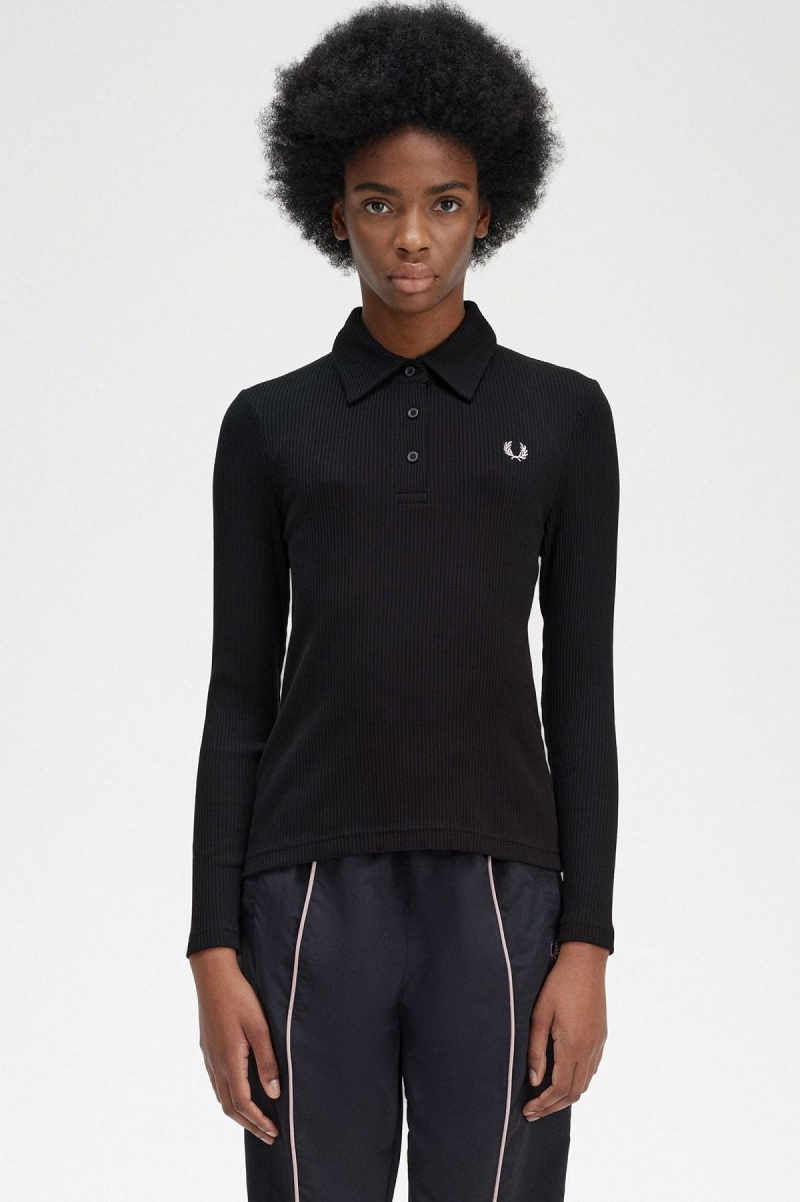 Black Fred Perry Long Sleeve Ribbed Women\'s Polo Shirts | SGCIF75796