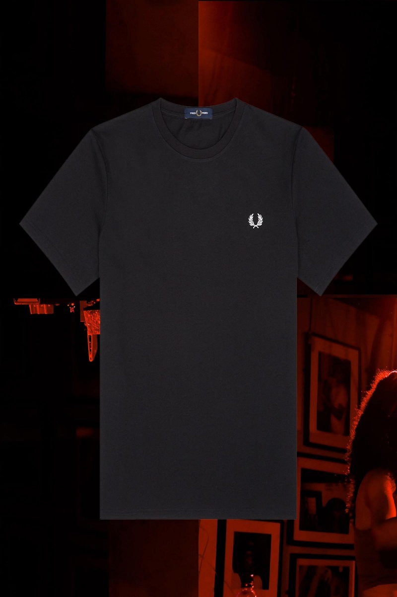 Black Fred Perry Munich Ringer Men's T Shirts | SGJKU56158