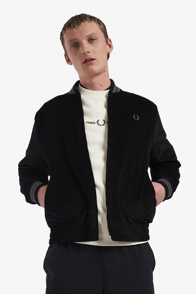 Black Fred Perry Needlecord Tennis Bomber Men\'s Coats | TSGWZ80303