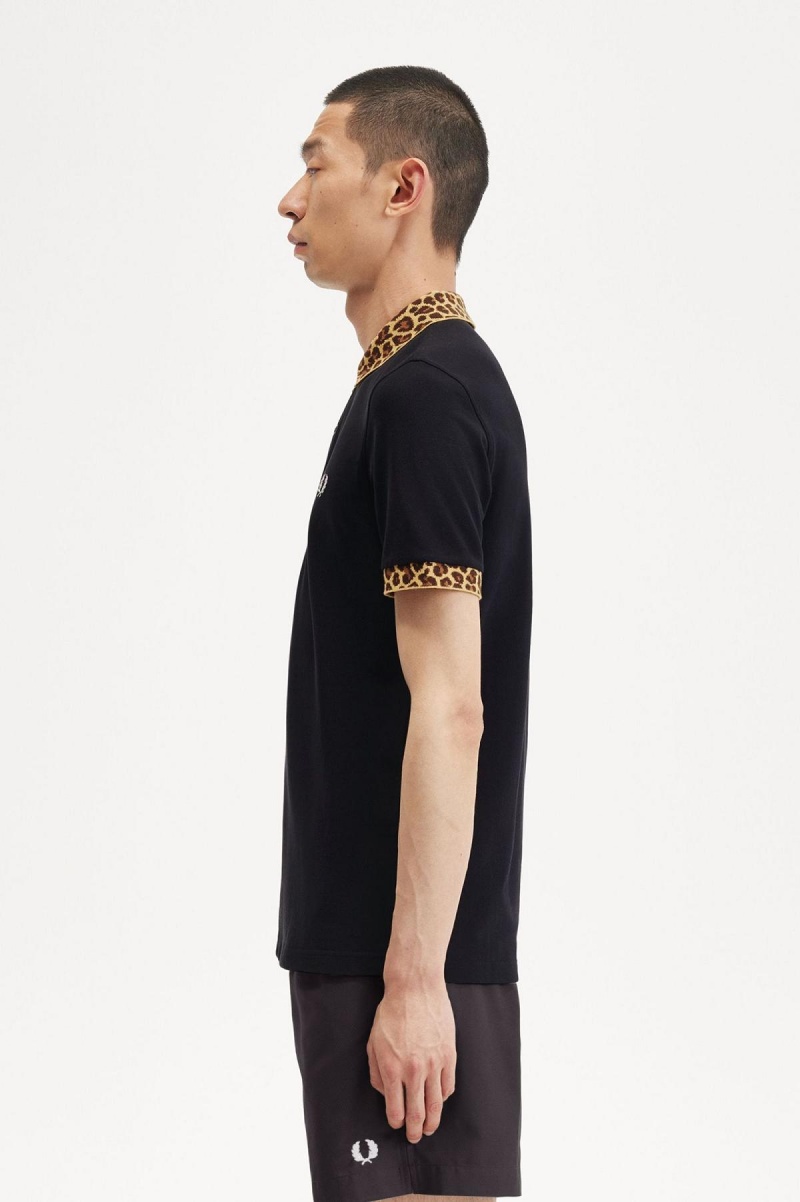 Black Fred Perry Noongoons Leopard Print Polo Shirt Men's Polo Shirts | GSGUC85659