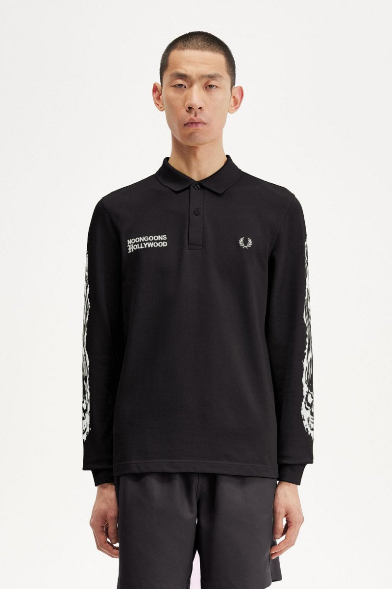 Black Fred Perry Noongoons Long Sleeve Graphic Polo Shirt Men's Polo Shirts | SGJKU12907