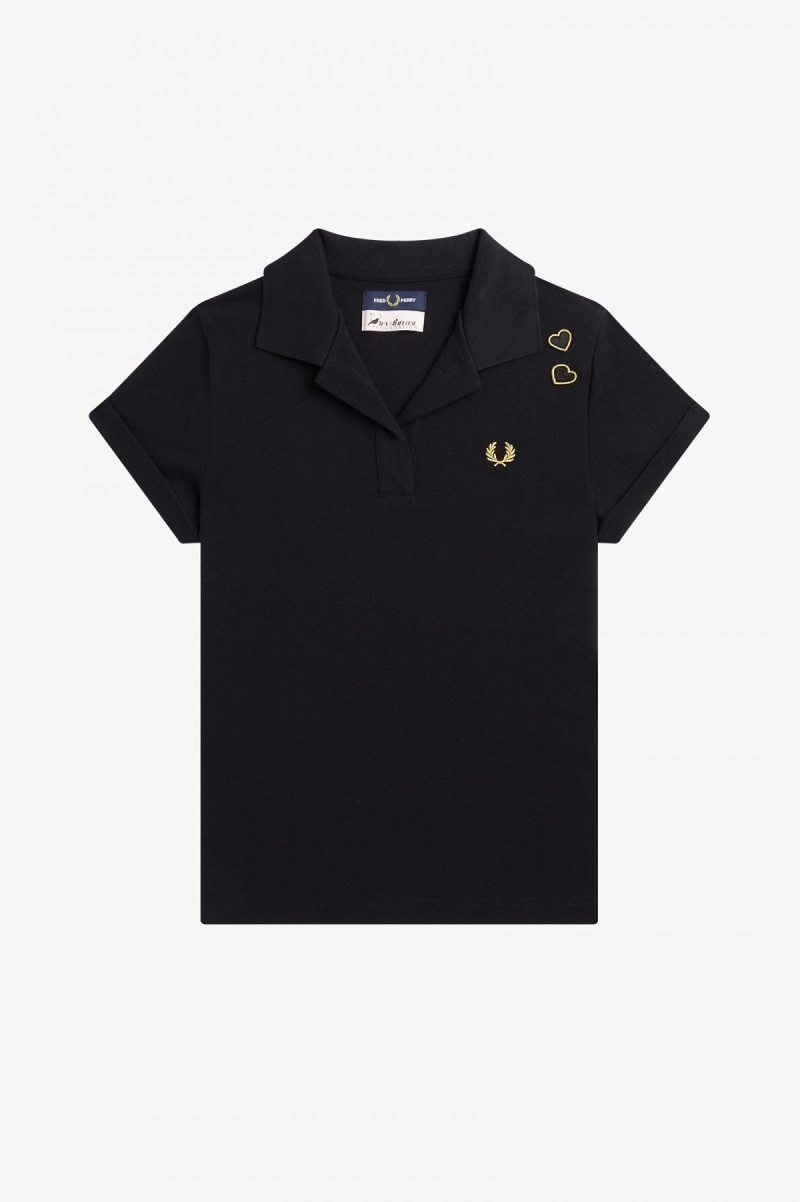 Black Fred Perry Open-Collar Piqué Women's Polo Shirts | GSGUC61392