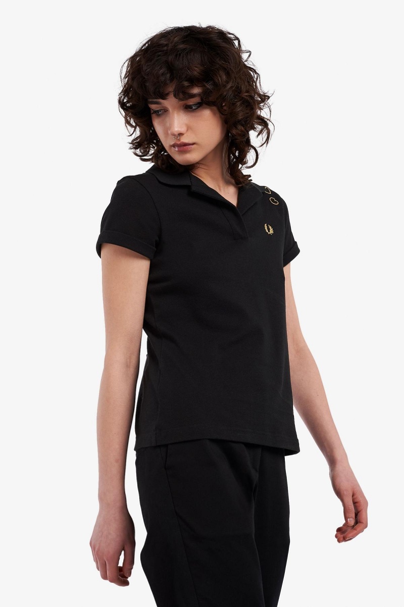 Black Fred Perry Open-Collar Piqué Women's Polo Shirts | GSGUC61392