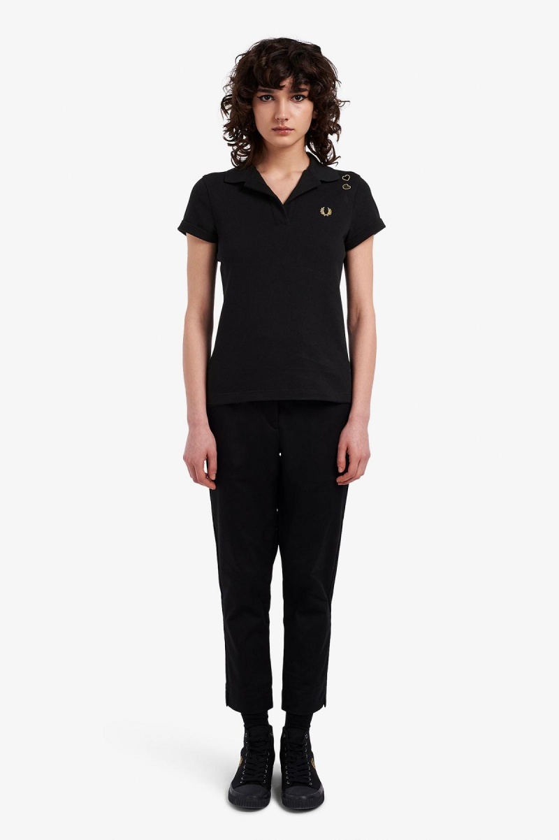 Black Fred Perry Open-Collar Piqué Women's Polo Shirts | GSGUC61392