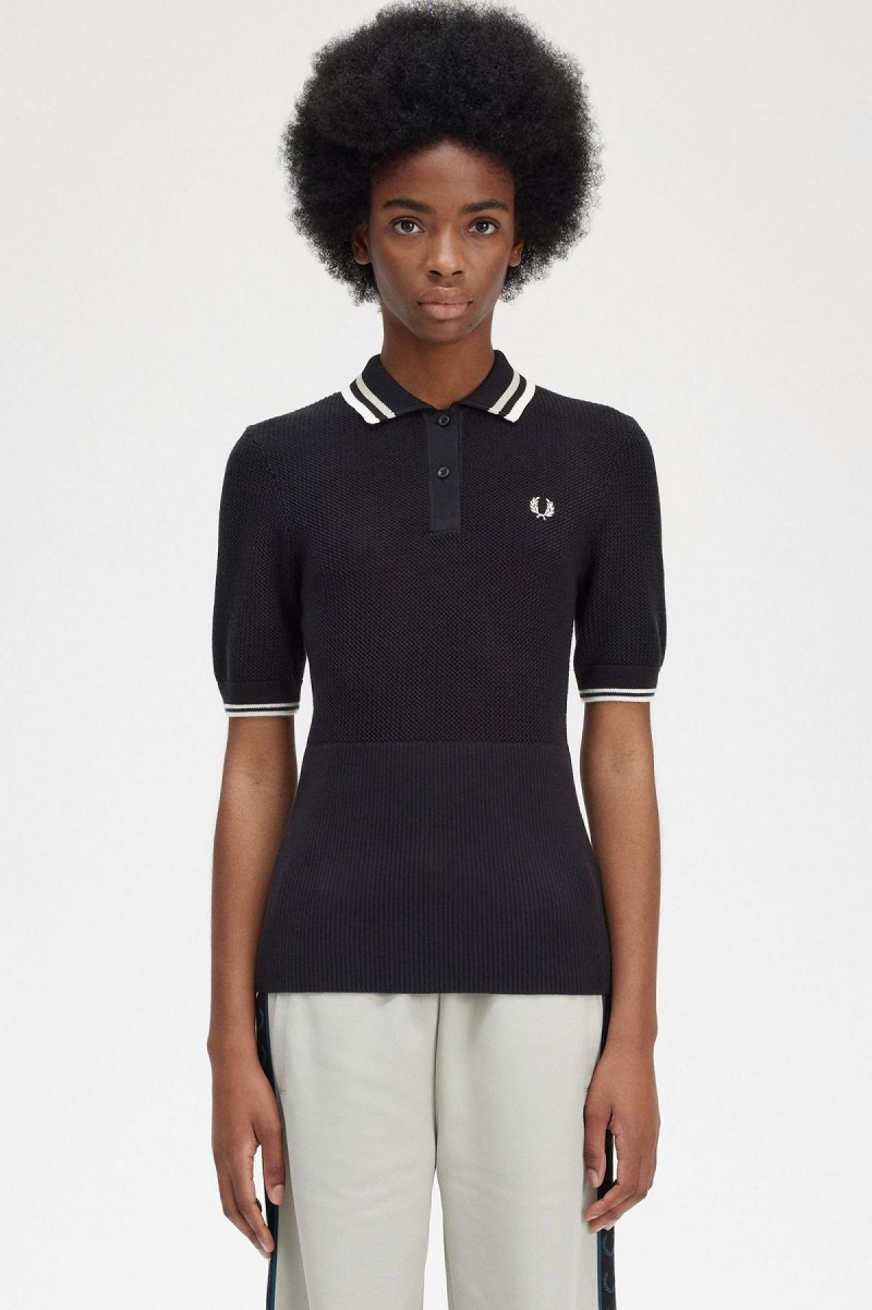 Black Fred Perry Open-Knitted Shirt Women\'s Knitwear | PSGER42972