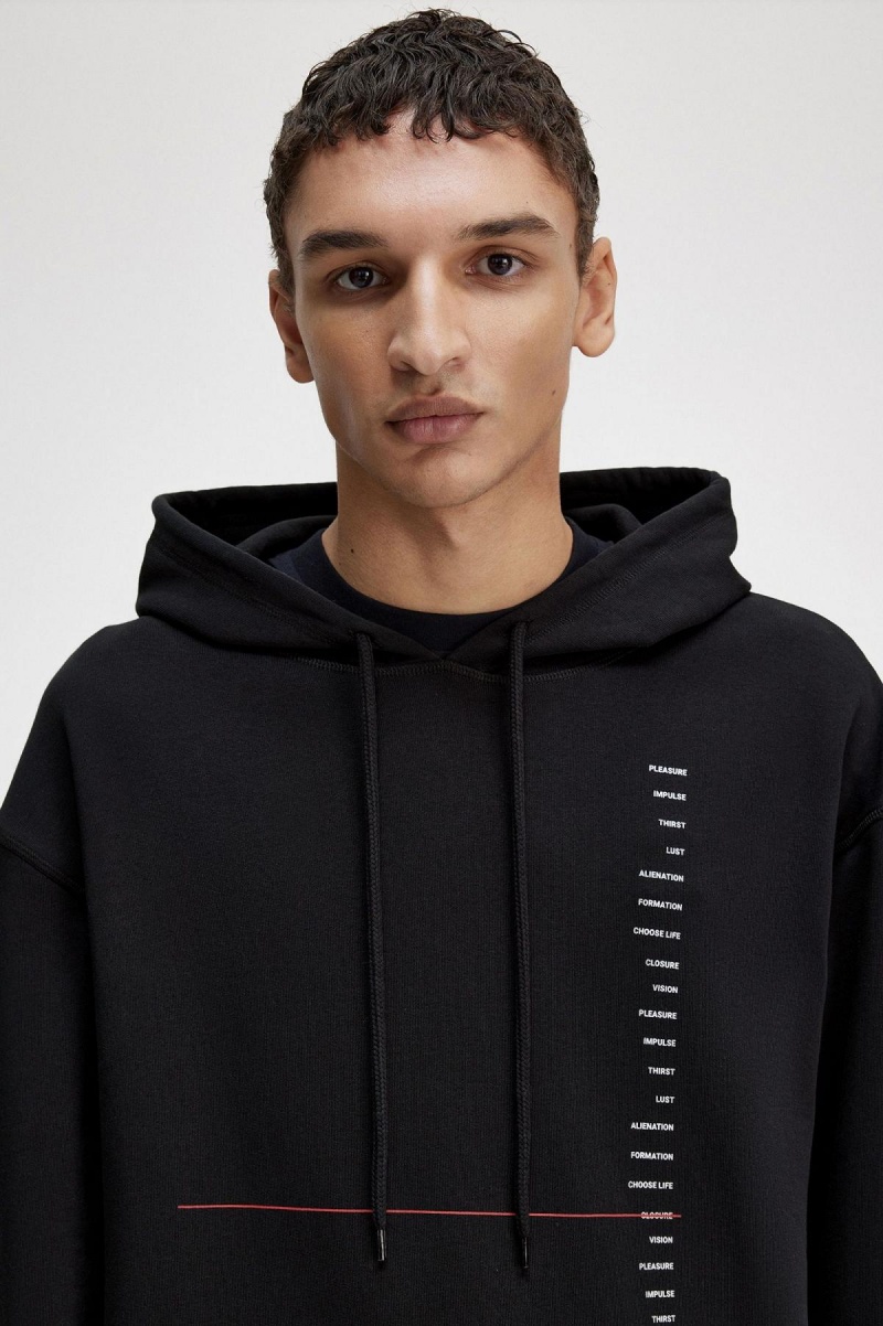 Black Fred Perry Printed Hooded Men's Sweatshirts | SGXBR95016