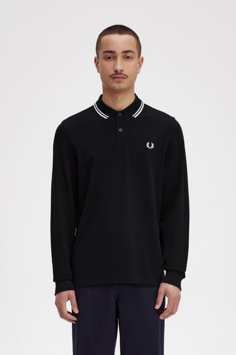 Black Fred Perry Rave Graphic Long Sleeve Fred Perry Shirt Men\'s Polo Shirts | SGNEJ92758