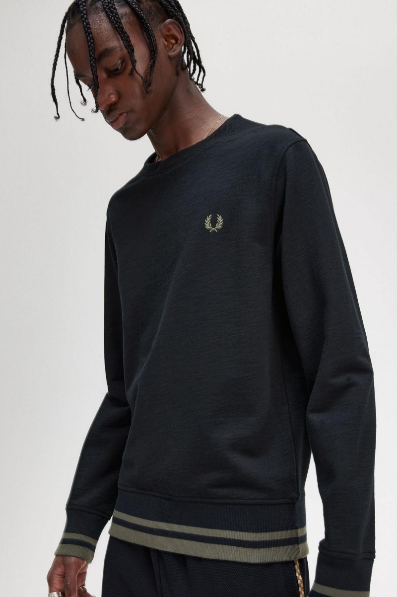 Black Fred Perry Rib Detail Men's Sweatshirts | SGJBT14156