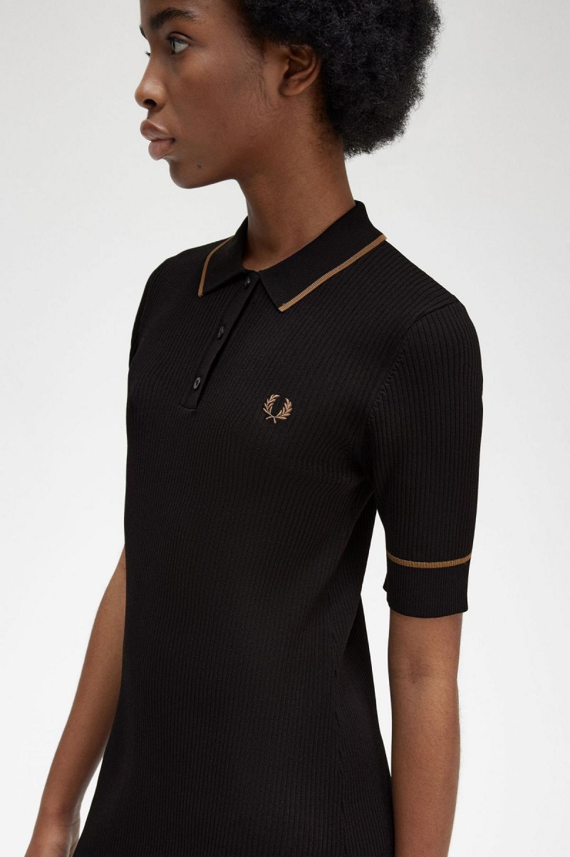 Black Fred Perry Ribbed Knitted Shirt Women's Dress | QSGWA54166