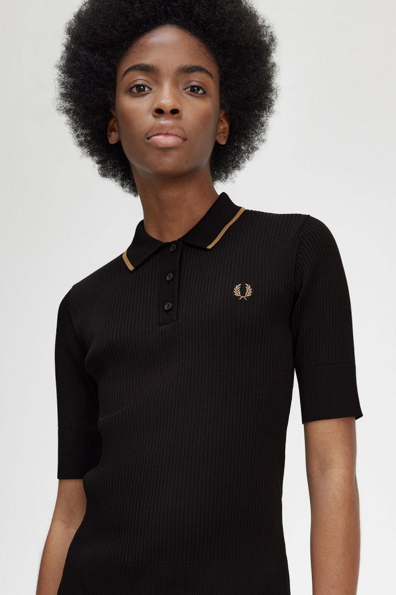 Black Fred Perry Ribbed Knitted Shirt Women's Knitwear | ESGVG57989